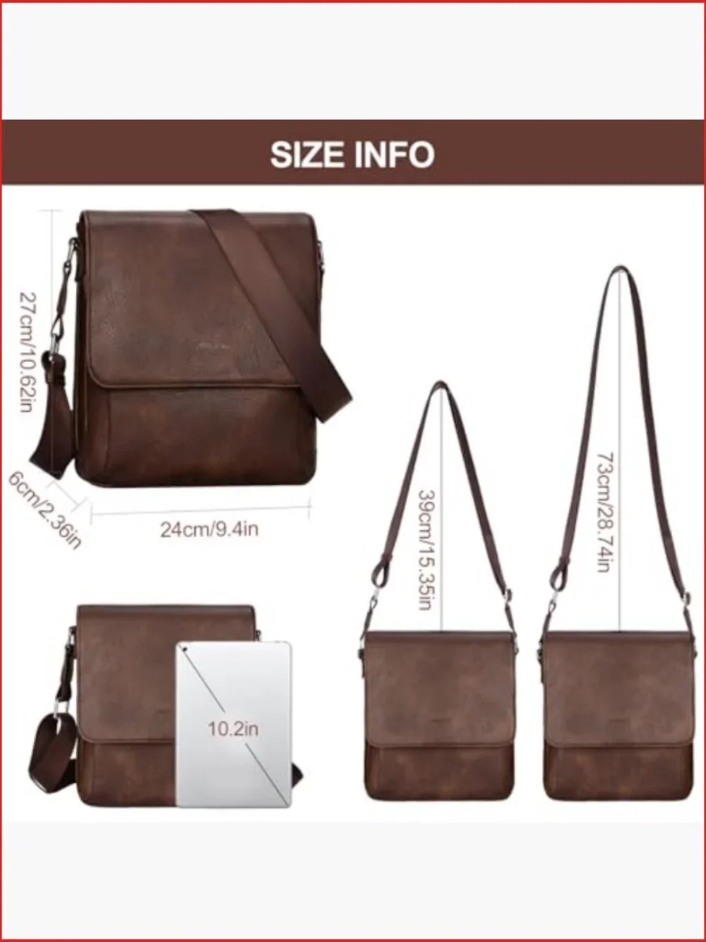 Vegan Leather Crossbody Messenger Bag for Men with Adjustable Strap